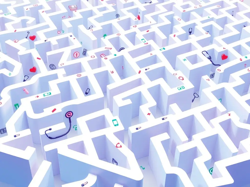 An image depicting a maze with medical icons, representing the difficulty of identifying and selecting the right MIPS measures.