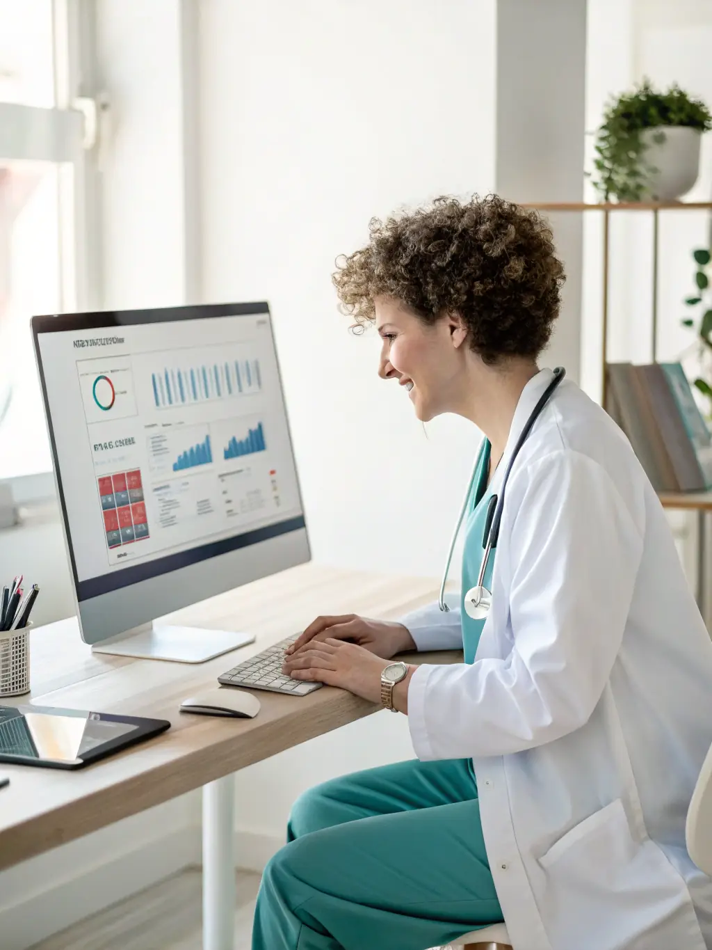 A healthcare professional using Dagger Healthcare Solutions' software to analyze MIPS data, with a focus on identifying potential risks early in the reporting period.