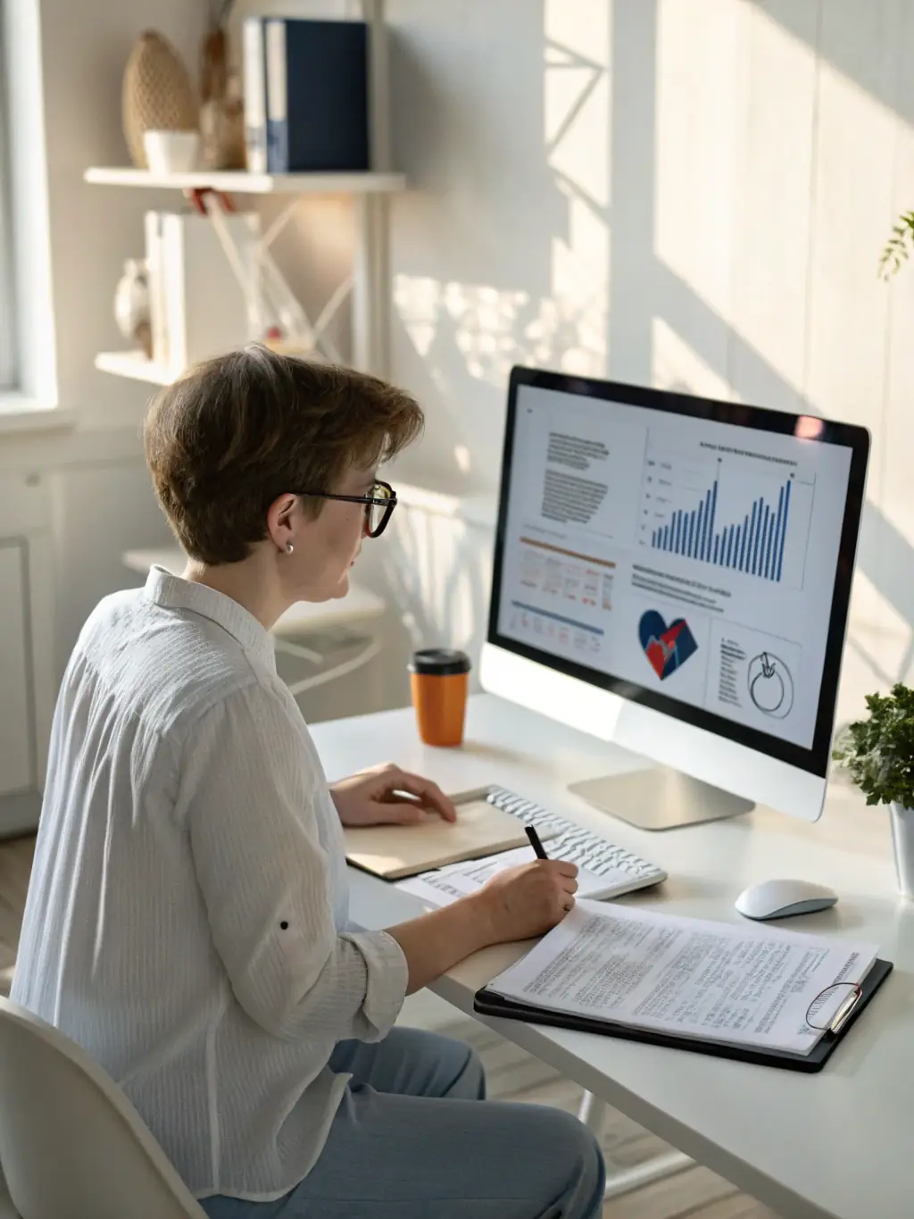 A healthcare compliance officer reviewing a risk assessment report in a modern office setting, highlighting the importance of identifying potential compliance risks.